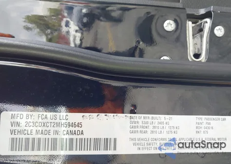 2021 Dodge Charger R/T Rwd z USA, uszkodzony, nr VIN 2C3CDXCT2MH594645